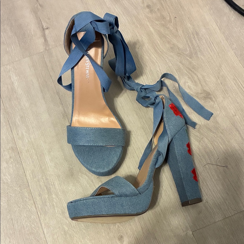Ashley Stewart Blue Denim Heels with Ribbon Tie